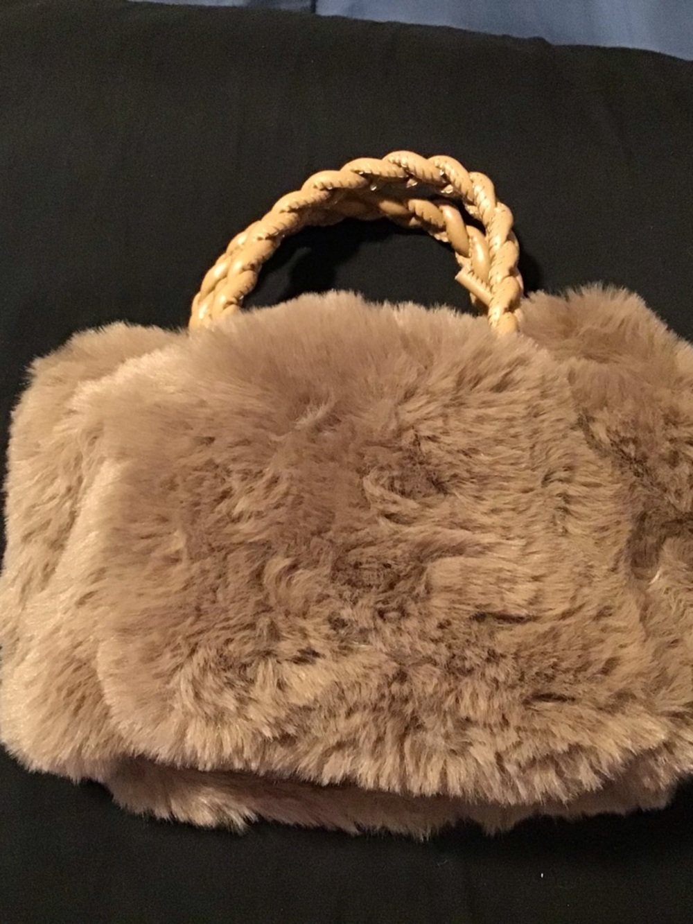 Plush Faux Fur Handbag with Braided Handle - Tan